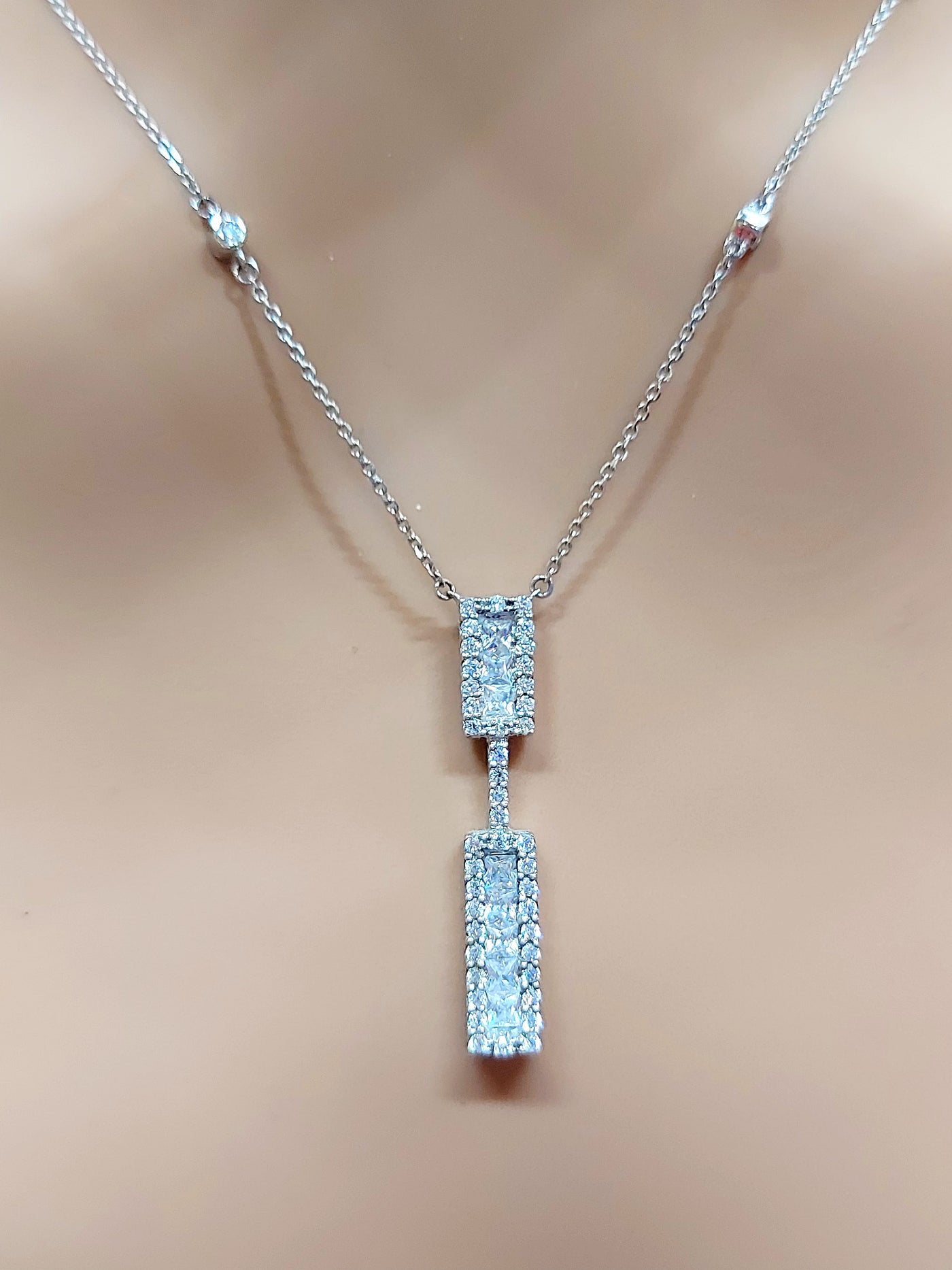 14k Real Solid White Gold Necklace with very high quality Princess cut and Round CZ stones