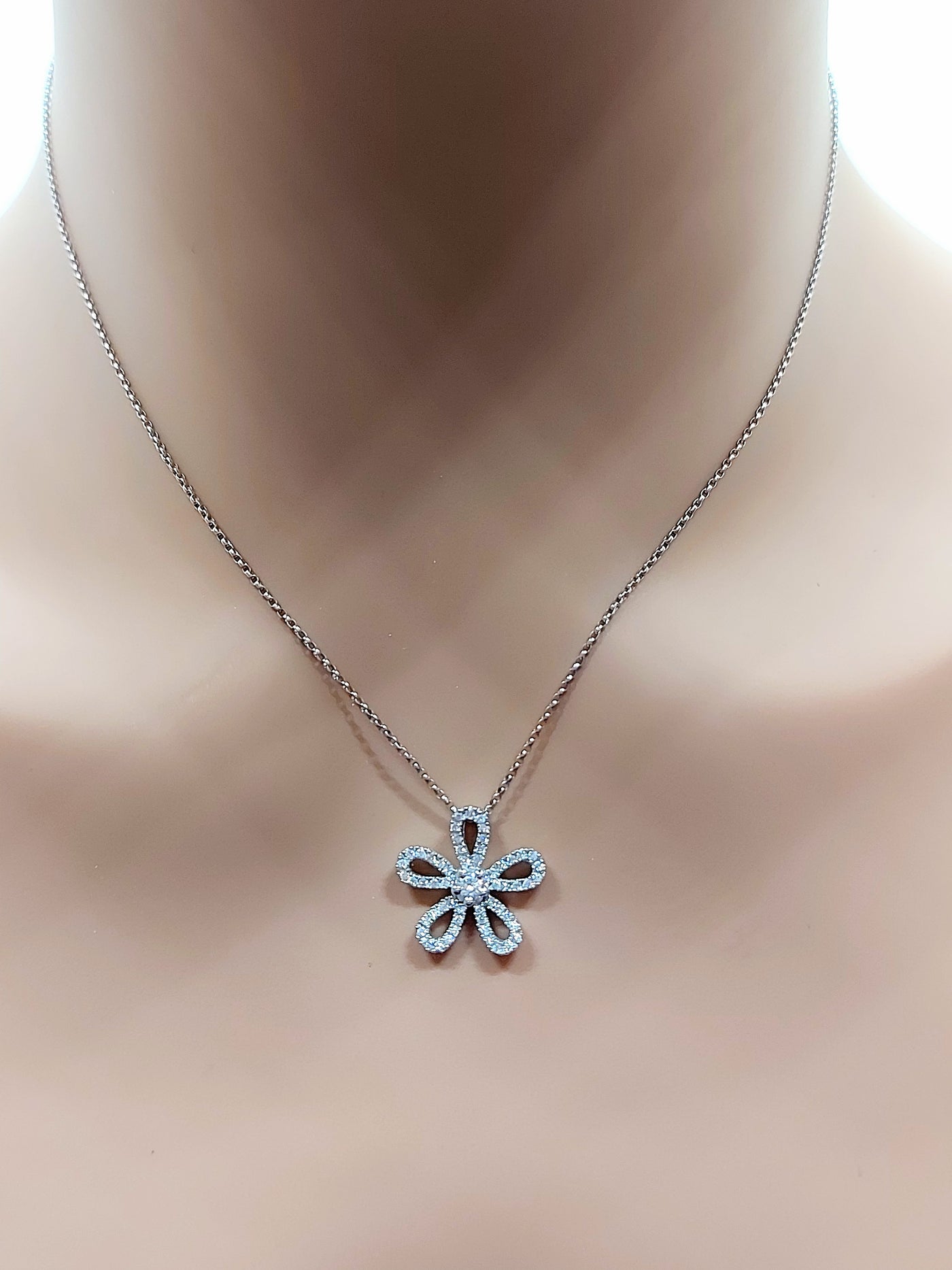 14k Real Solid White Gold Flower Necklace fully covered with diamonds.