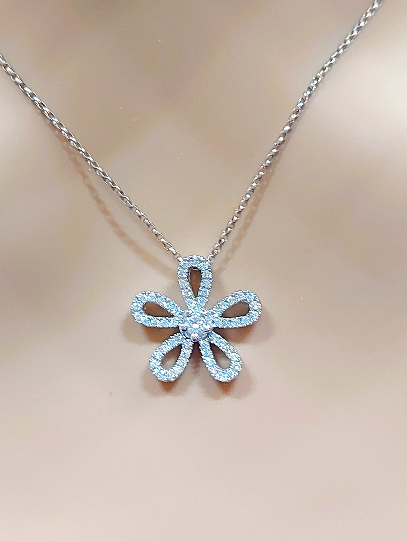 14k Real Solid White Gold Flower Necklace fully covered with diamonds.