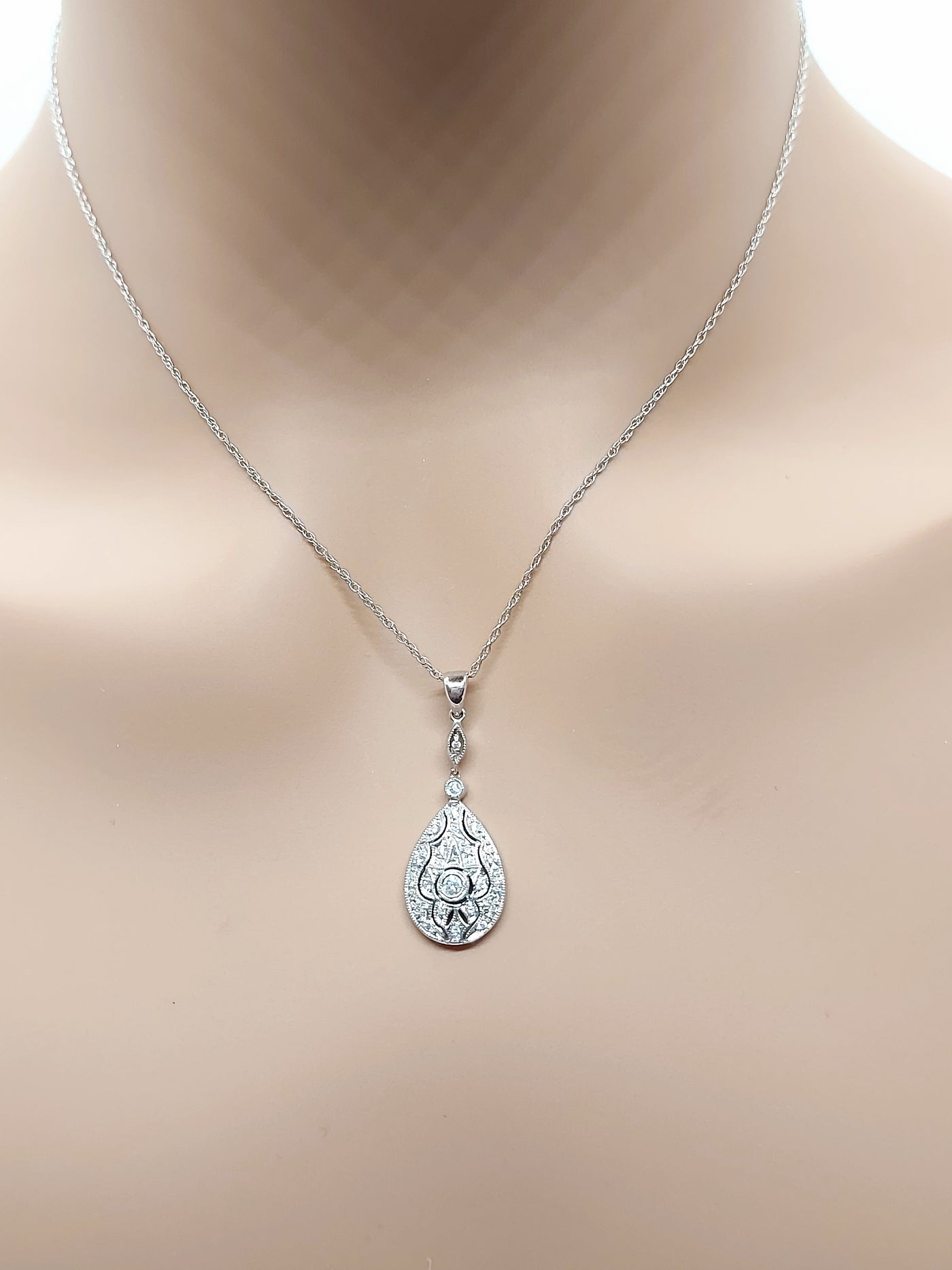 14k Real Solid White Gold Diamond Tear drop or Rain Necklace for women