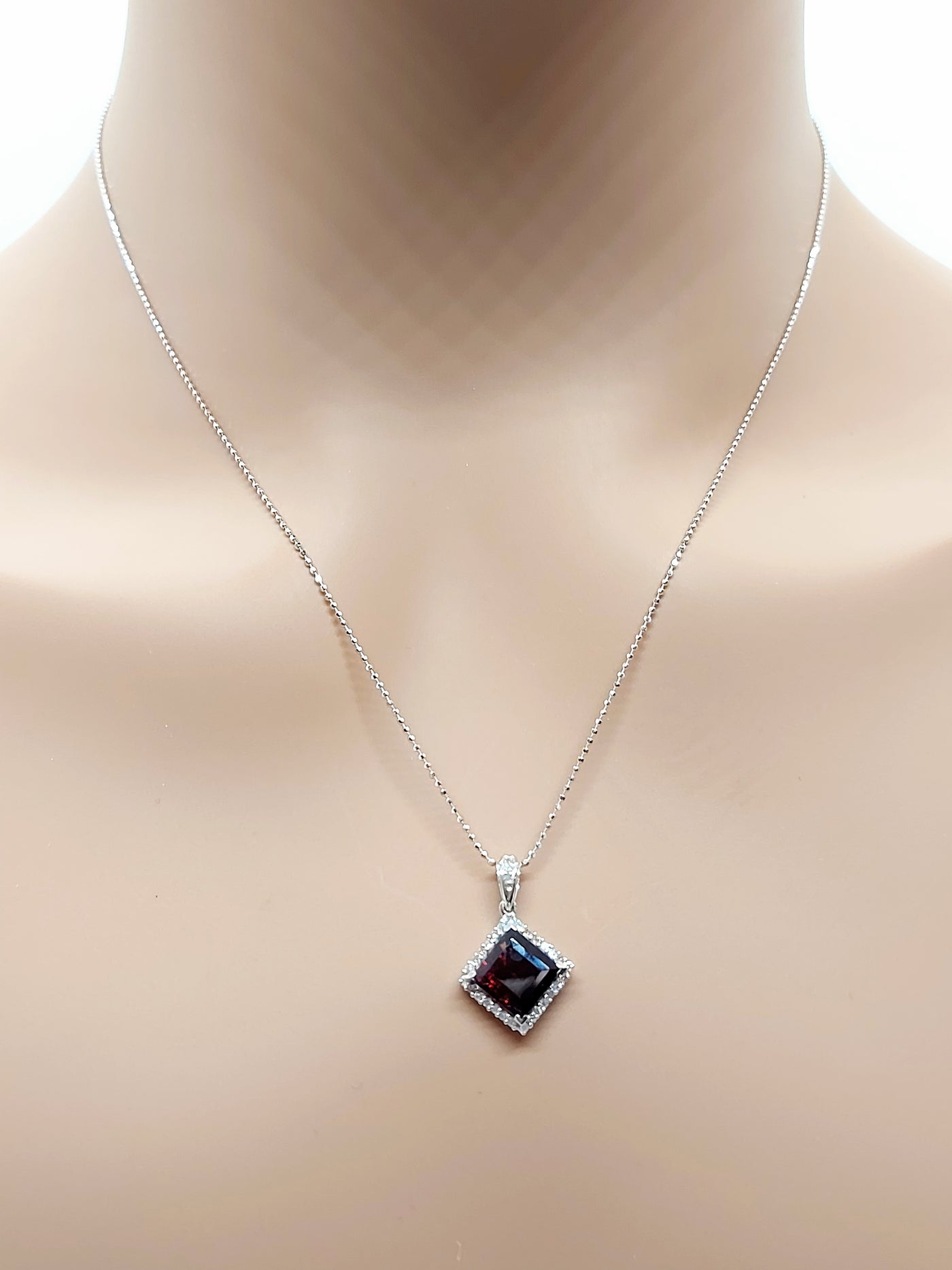 14k Real Solid White Gold Necklace with lozenge shaped Garnet and Real Natural diamonds for Women