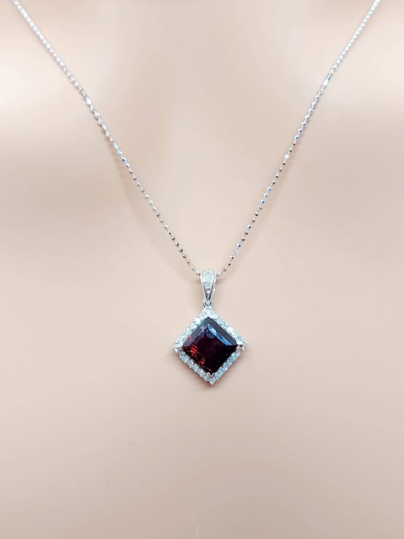 14k Real Solid White Gold Necklace with lozenge shaped Garnet and Real Natural diamonds for Women