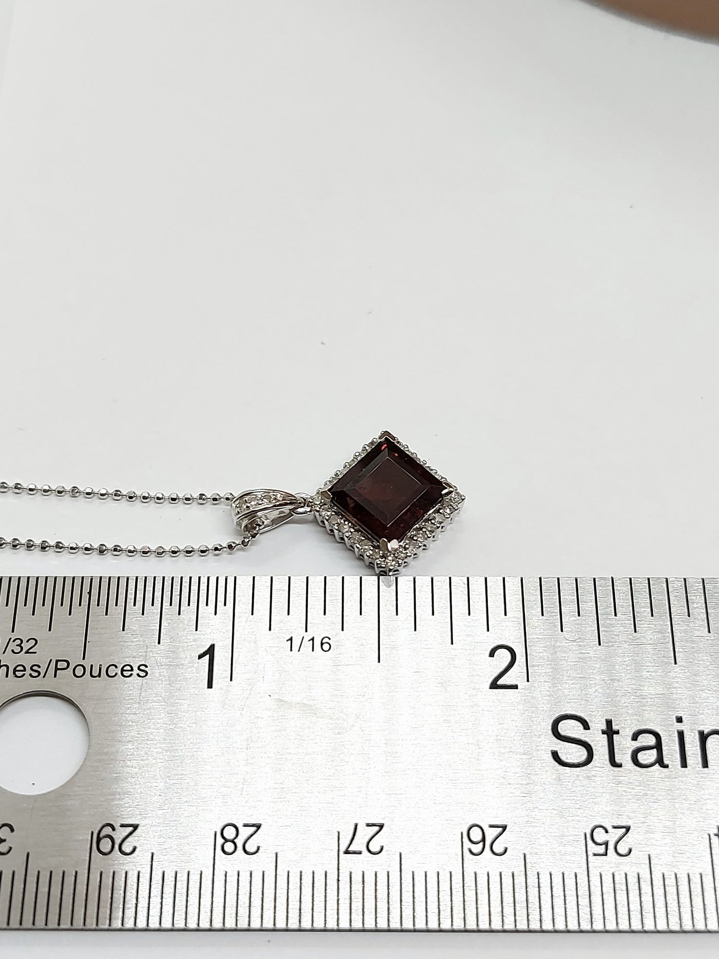 14k Real Solid White Gold Necklace with lozenge shaped Garnet and Real Natural diamonds for Women