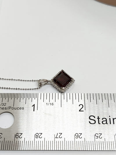 14k Real Solid White Gold Necklace with lozenge shaped Garnet and Real Natural diamonds for Women