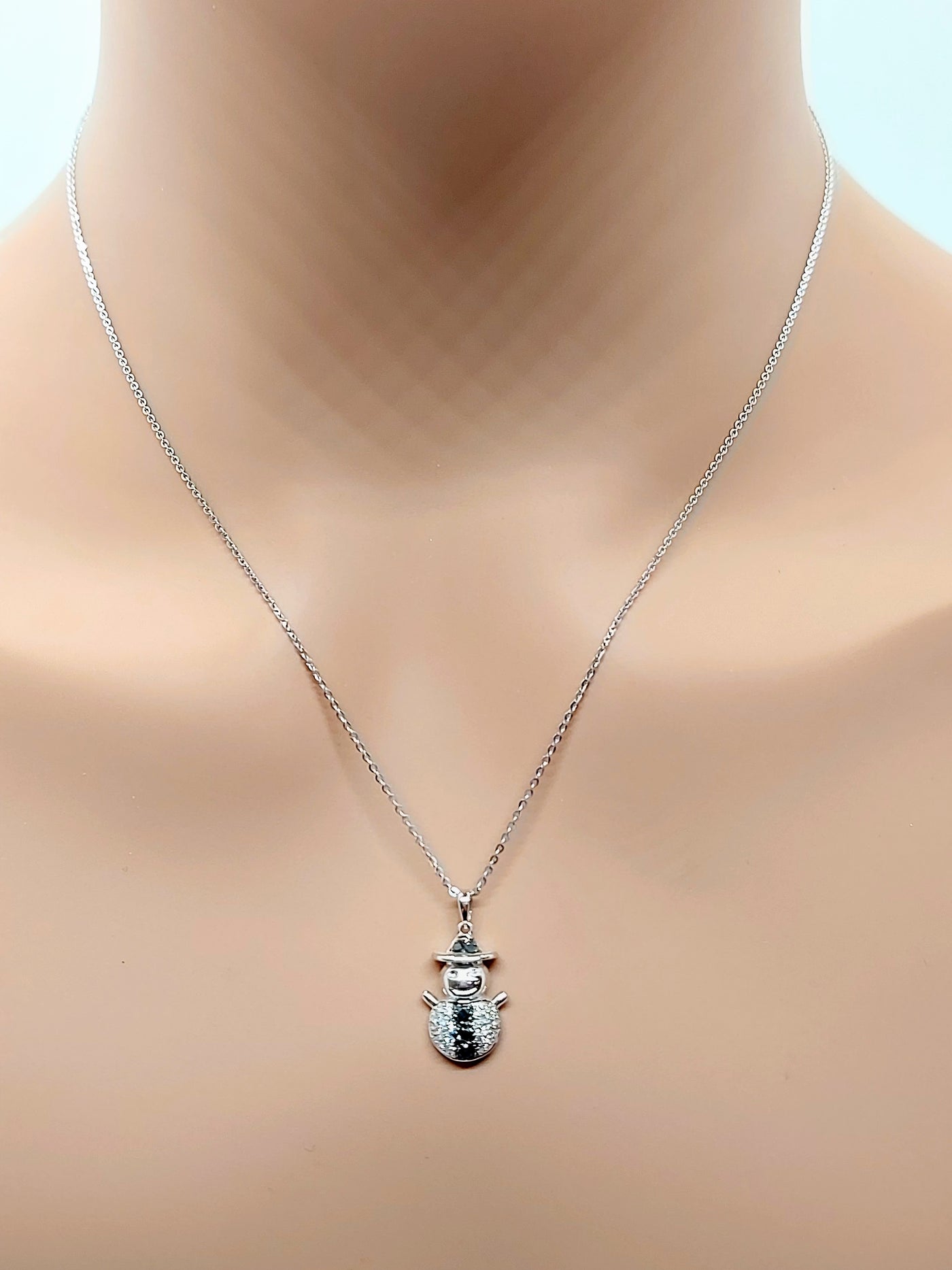 14k Real Solid White Gold Necklace, Snowman Necklace with Diamonds and Black Diamonds