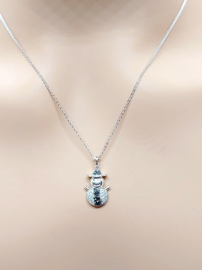 14k Real Solid White Gold Necklace, Snowman Necklace with Diamonds and Black Diamonds