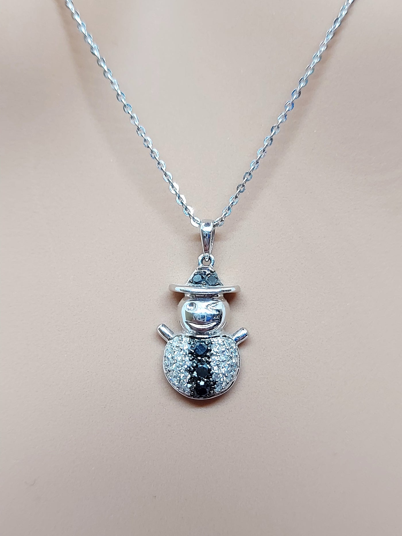 14k Real Solid White Gold Necklace, Snowman Necklace with Diamonds and Black Diamonds