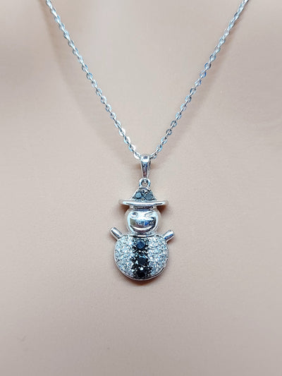 14k Real Solid White Gold Necklace, Snowman Necklace with Diamonds and Black Diamonds