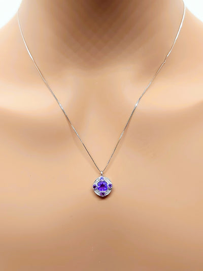 14k Real Solid White Gold Necklace, Round Necklace with Amethyst stones and natural diamonds