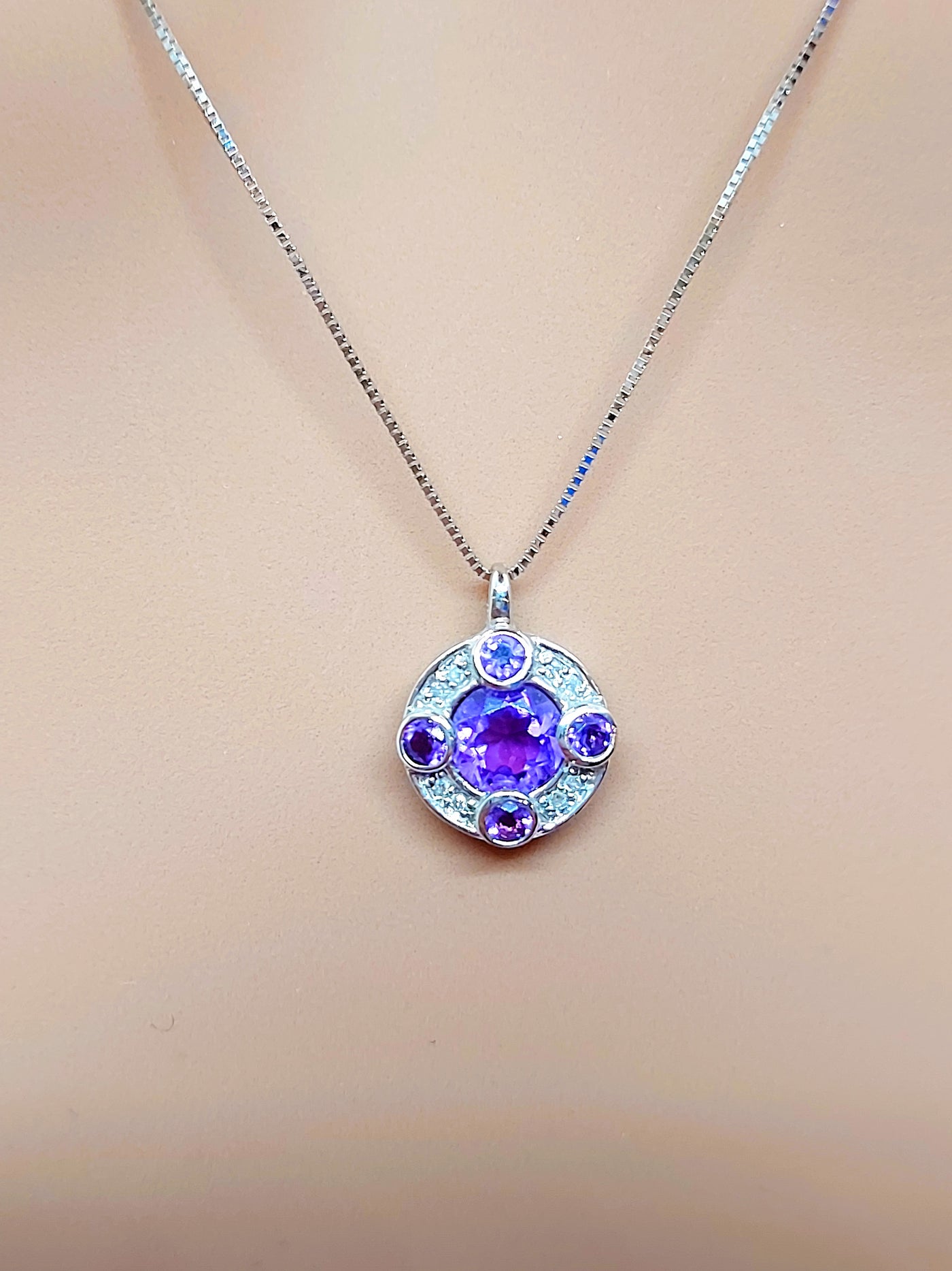 14k Real Solid White Gold Necklace, Round Necklace with Amethyst stones and natural diamonds