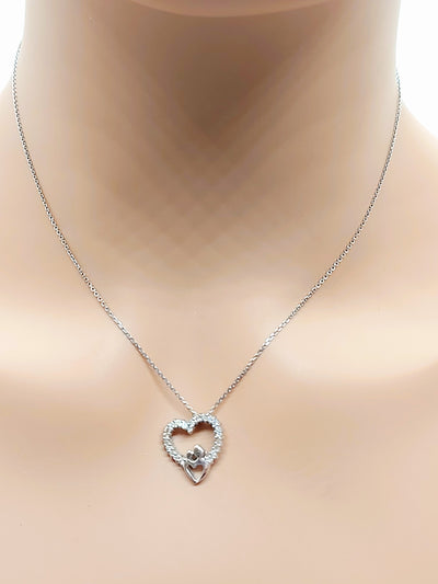 14k Real Solid White Gold Double Heart Necklace with Natural Diamonds for Women