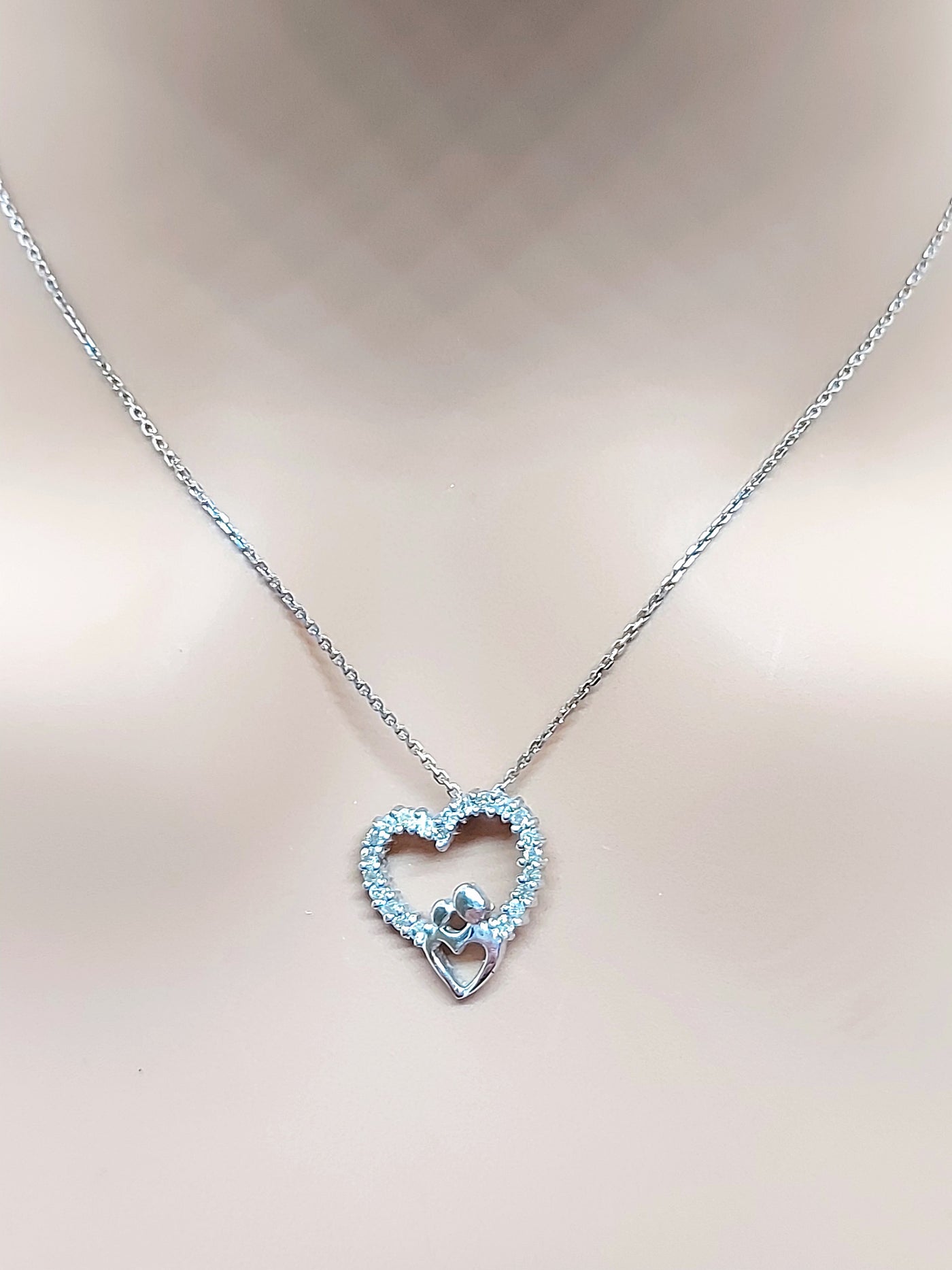 14k Real Solid White Gold Double Heart Necklace with Natural Diamonds for Women