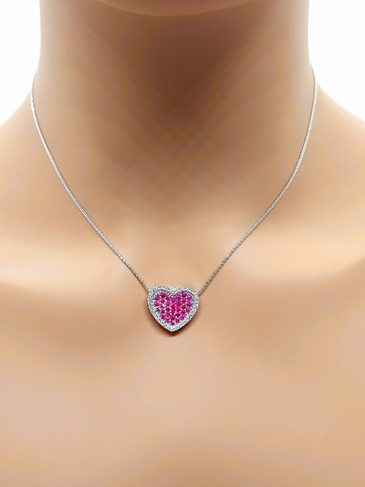 14k Real Solid White Gold Heart Necklace with Natural Diamonds and Ruby stones for women