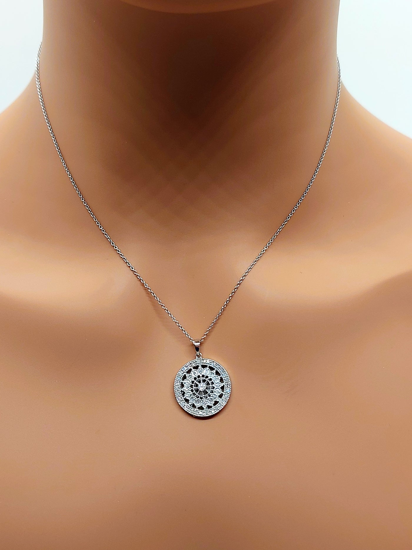 14k Real Solid White Gold Natural Diamond Round Necklace for women, Medallion Necklace with Diamonds for women