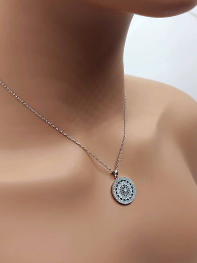 14k Real Solid White Gold Natural Diamond Round Necklace for women, Medallion Necklace with Diamonds for women