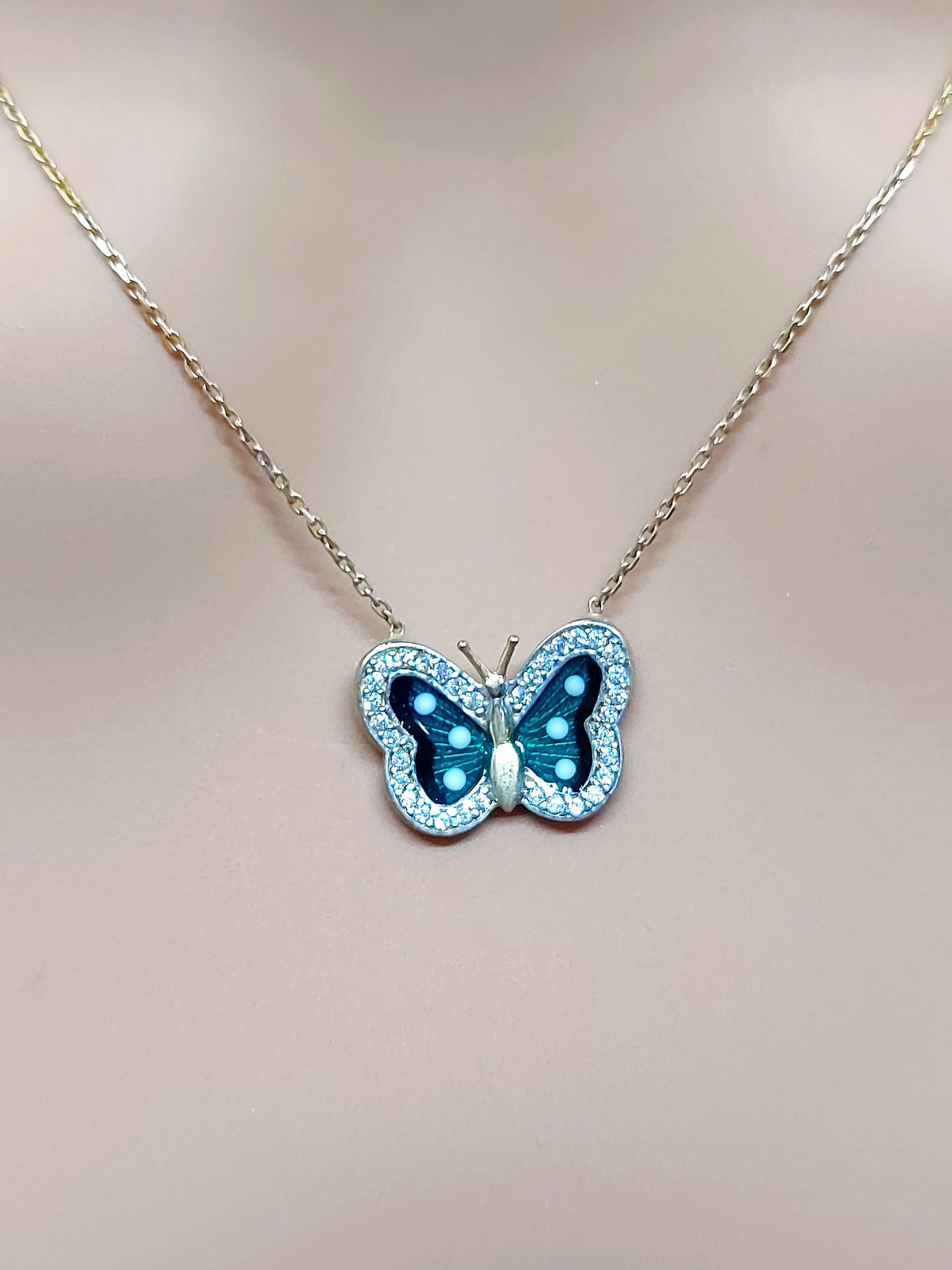 10k Real Solid Gold Green Butterfly Necklace with Diamonds for women