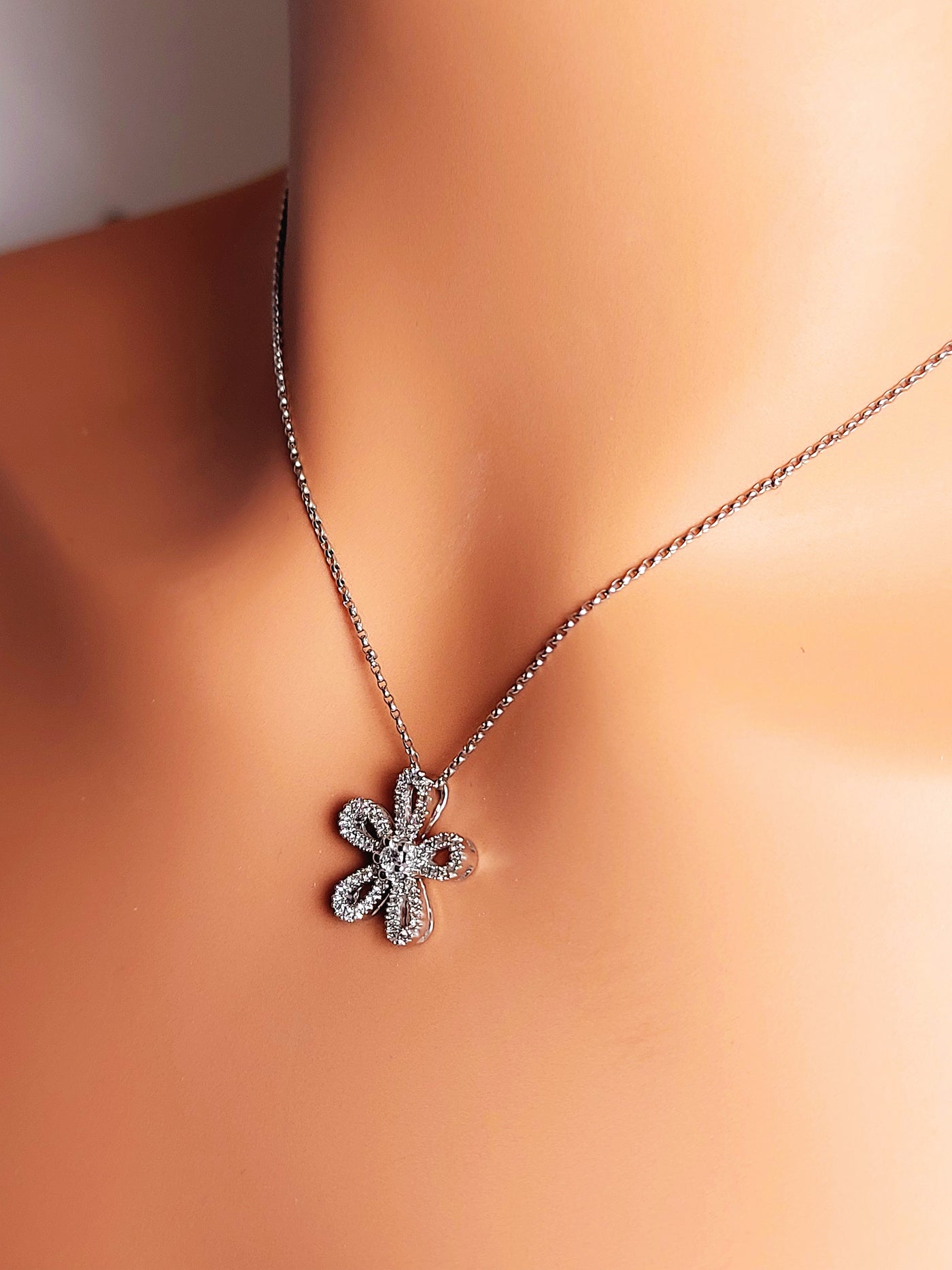 14k Real Solid White Gold Flower Necklace fully covered with diamonds.