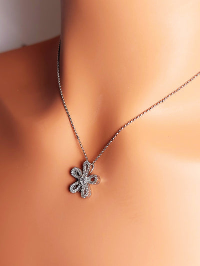 14k Real Solid White Gold Flower Necklace fully covered with diamonds.