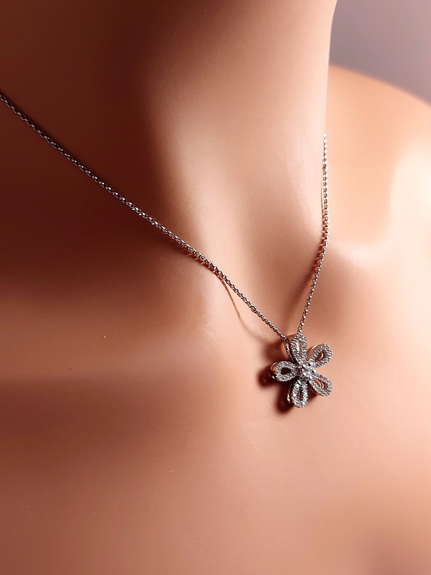 14k Real Solid White Gold Flower Necklace fully covered with diamonds.