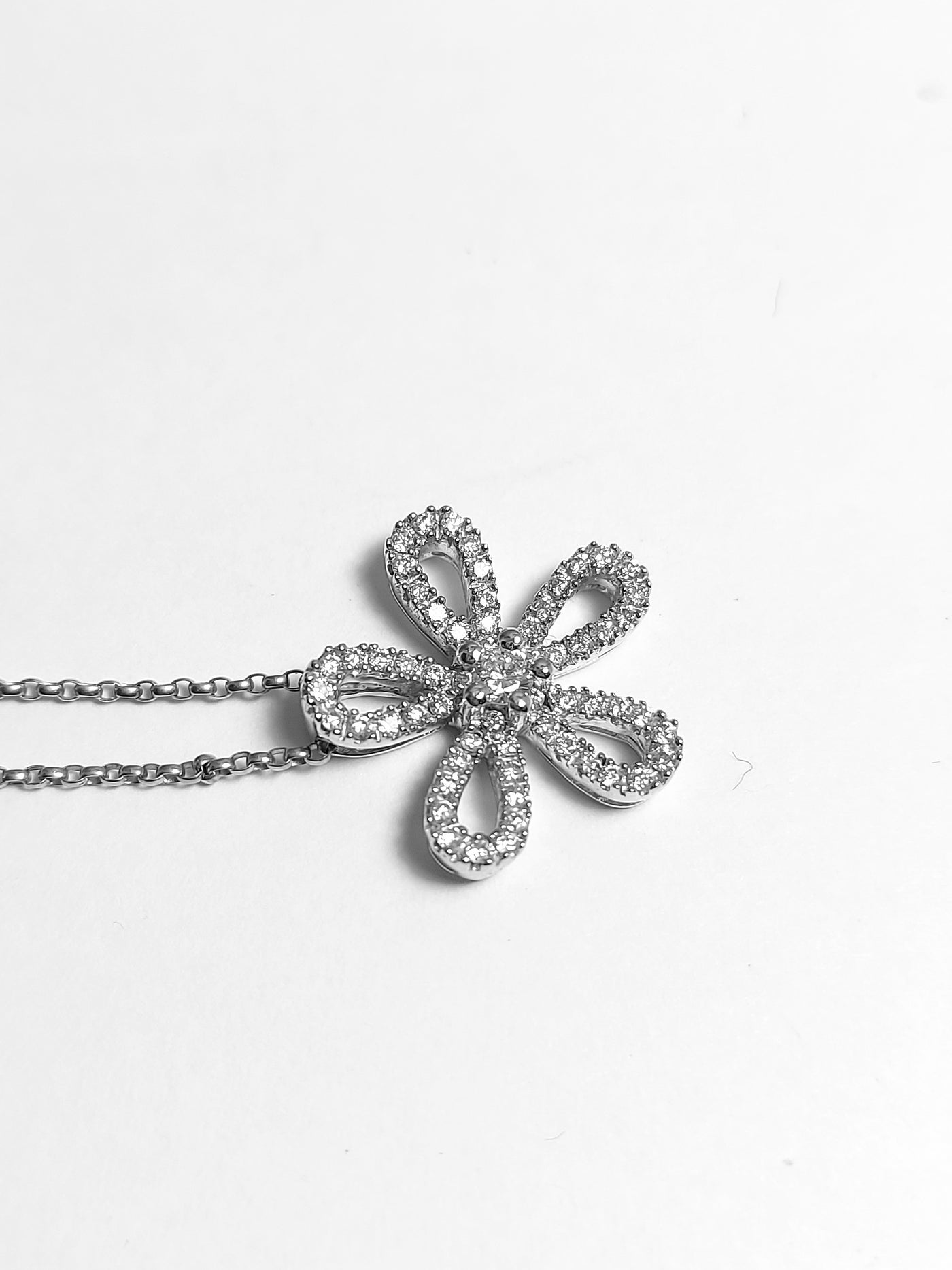 14k Real Solid White Gold Flower Necklace fully covered with diamonds.