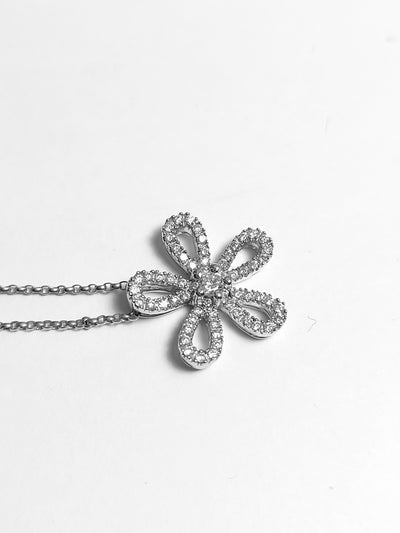 14k Real Solid White Gold Flower Necklace fully covered with diamonds.