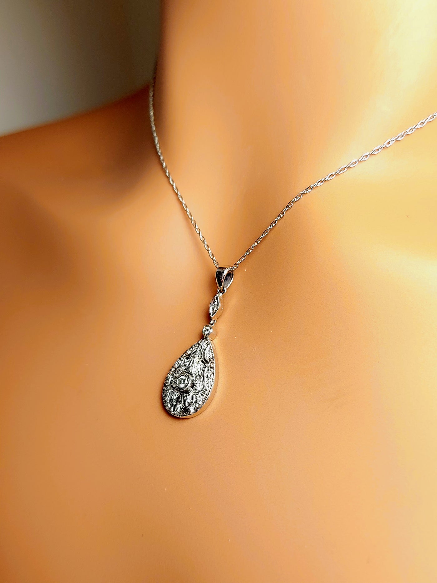 14k Real Solid White Gold Diamond Tear drop or Rain Necklace for women