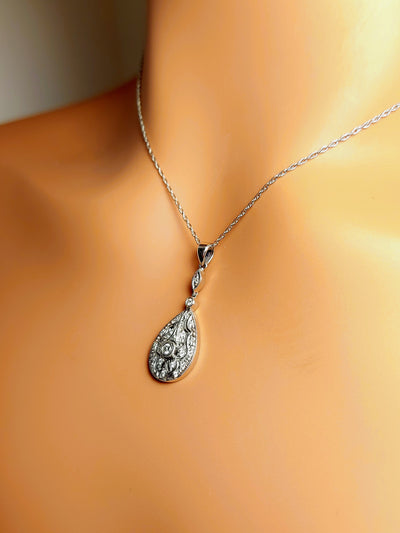 14k Real Solid White Gold Diamond Tear drop or Rain Necklace for women