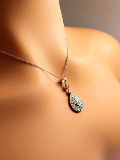 14k Real Solid White Gold Diamond Tear drop or Rain Necklace for women