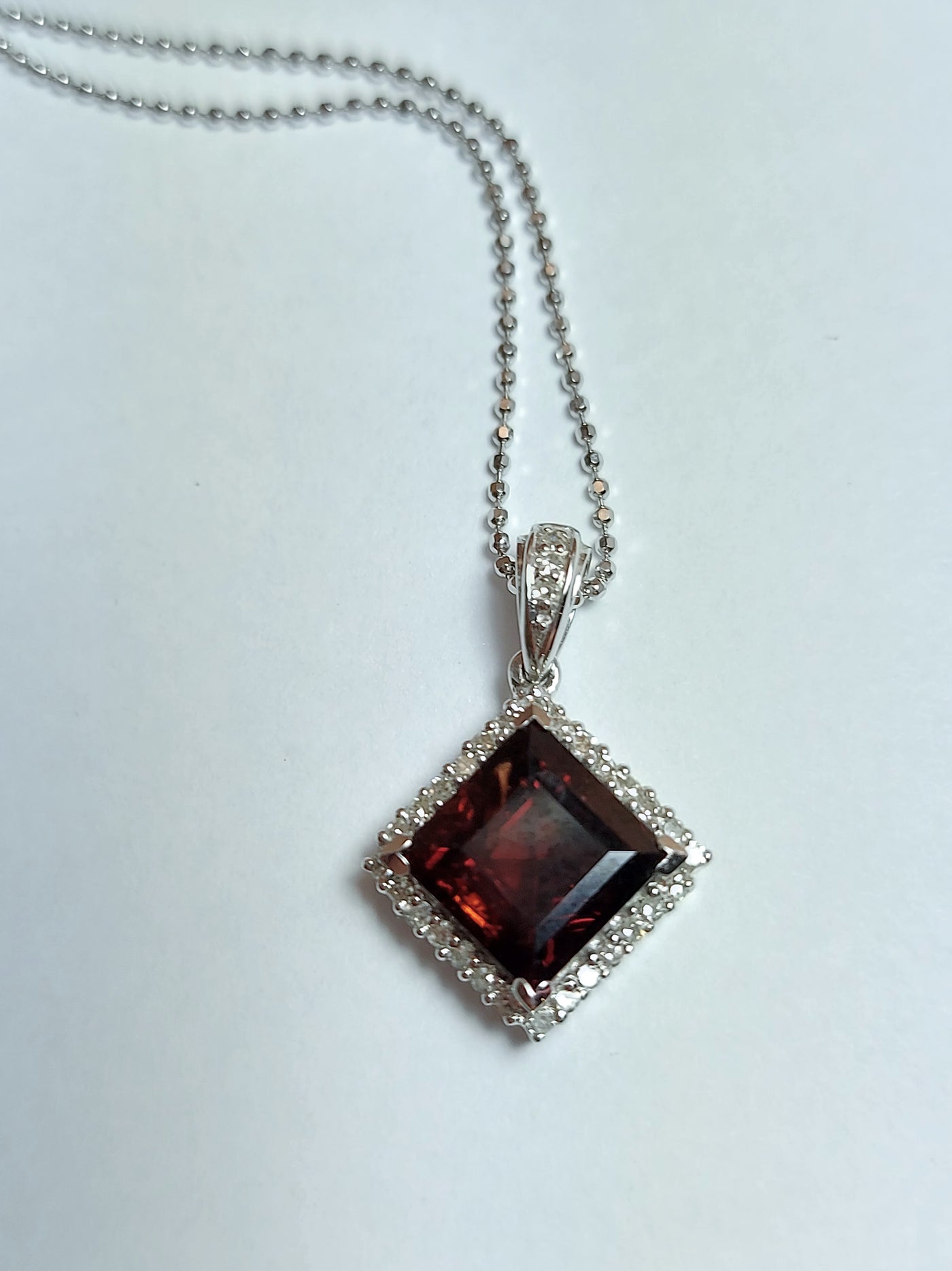 14k Real Solid White Gold Necklace with lozenge shaped Garnet and Real Natural diamonds for Women