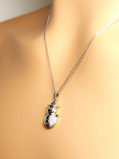 14k Real Solid White Gold Necklace, Snowman Necklace with Diamonds and Black Diamonds