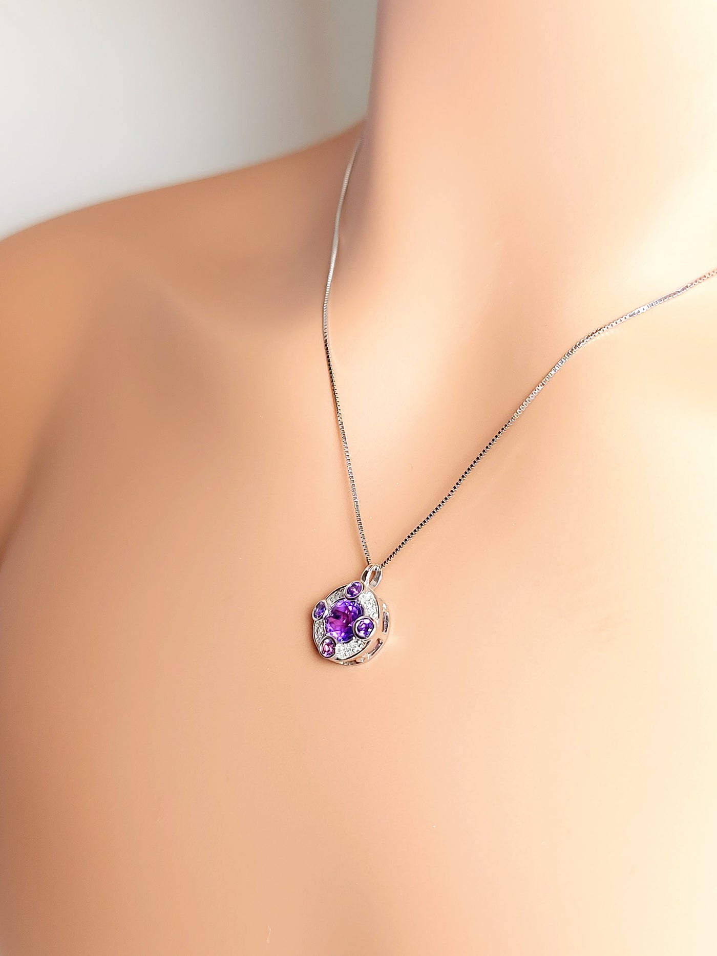 14k Real Solid White Gold Necklace, Round Necklace with Amethyst stones and natural diamonds