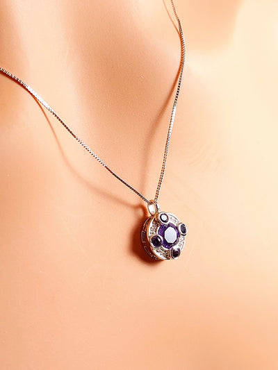 14k Real Solid White Gold Necklace, Round Necklace with Amethyst stones and natural diamonds