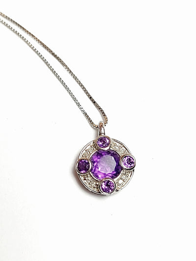 14k Real Solid White Gold Necklace, Round Necklace with Amethyst stones and natural diamonds