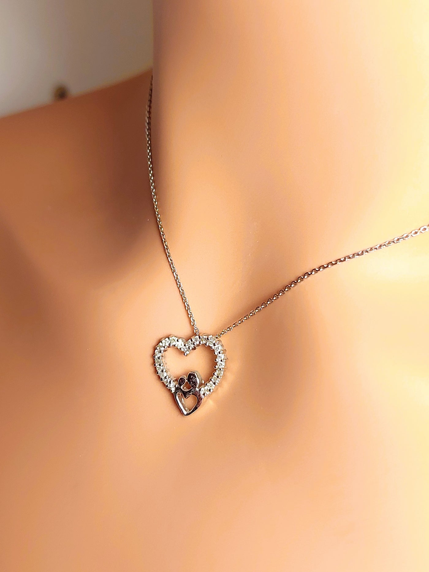 14k Real Solid White Gold Double Heart Necklace with Natural Diamonds for Women