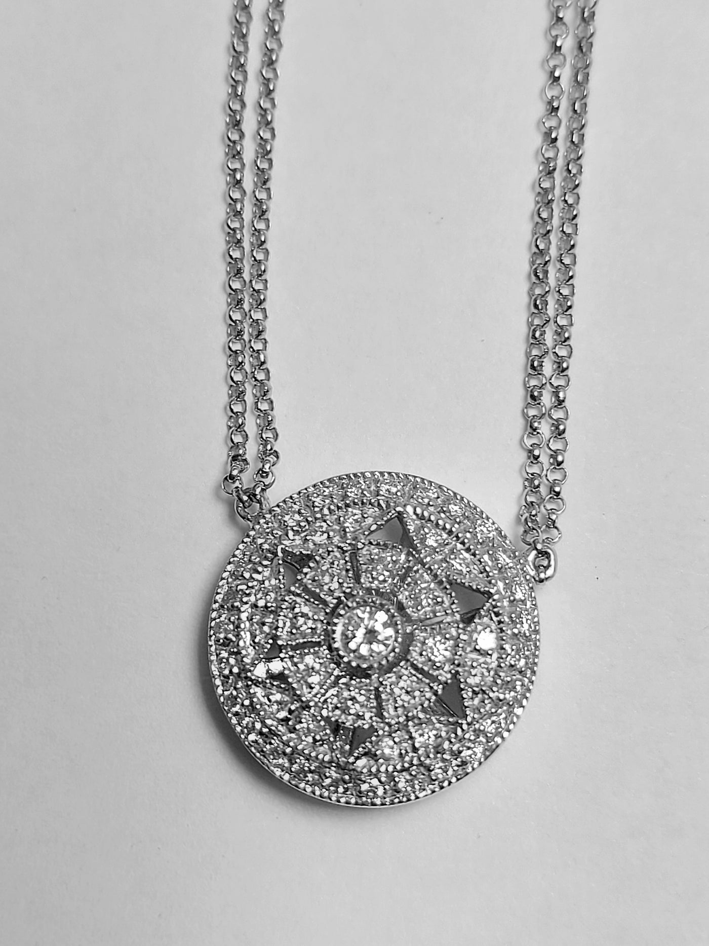 14k Real Solid  White Gold Round Necklace, Star Necklace buss down with Natural Diamonds