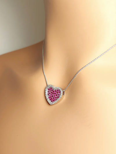 14k Real Solid White Gold Heart Necklace with Natural Diamonds and Ruby stones for women