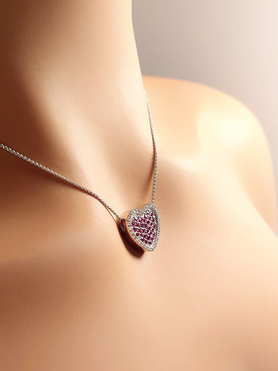 14k Real Solid White Gold Heart Necklace with Natural Diamonds and Ruby stones for women