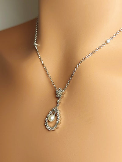 14k Real Solid White Gold Tear drop hanged from flower Necklace, Pearl Necklace with Natural Diamonds