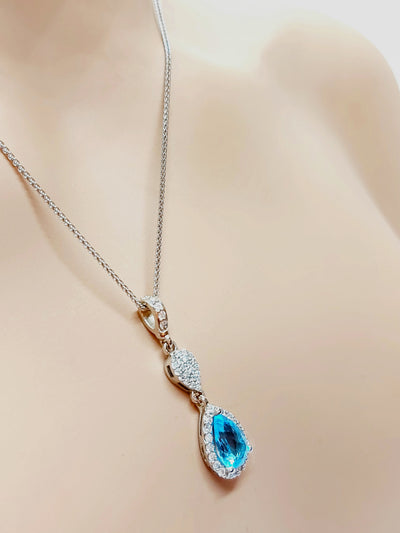 14k Pear Blue Topaz Necklace with diamonds