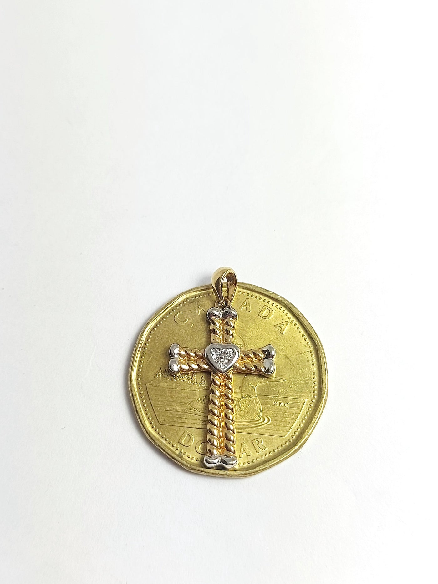 14k Solid Gold Cross 2 tone with heart