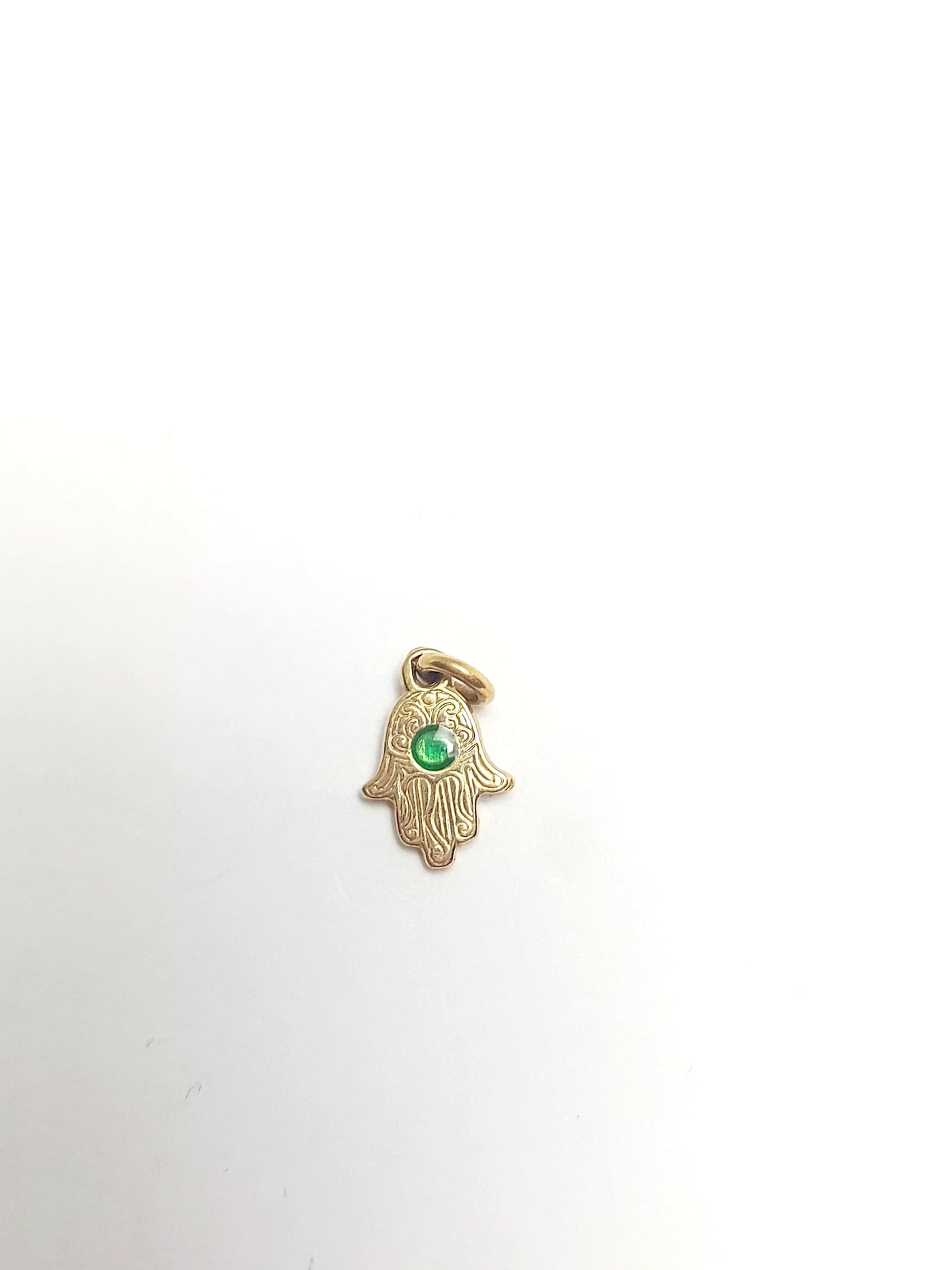 14k Solid Gold miniature Hamsa pendant with green Gemstone