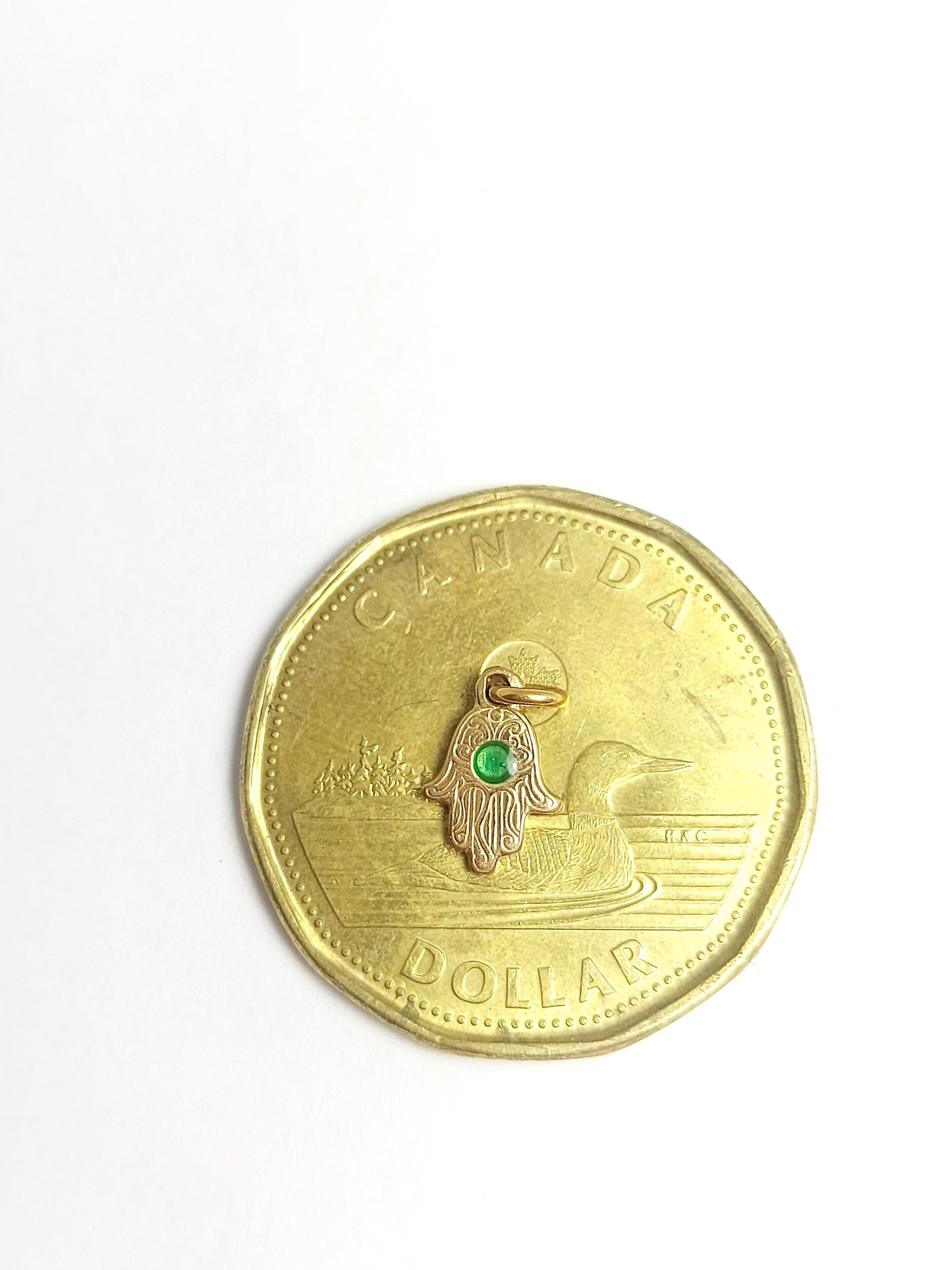 14k Solid Gold miniature Hamsa pendant with green Gemstone