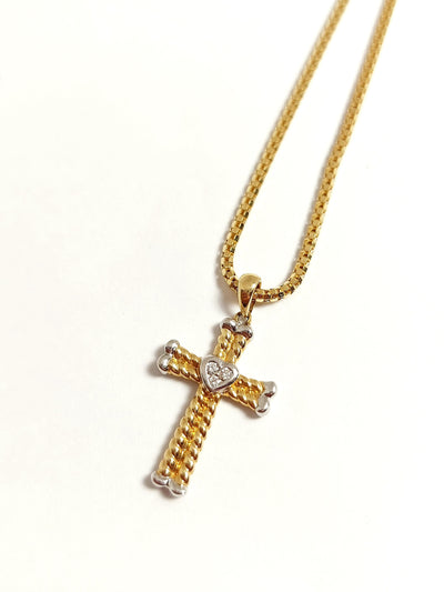 14k Solid Gold Cross 2 tone with heart