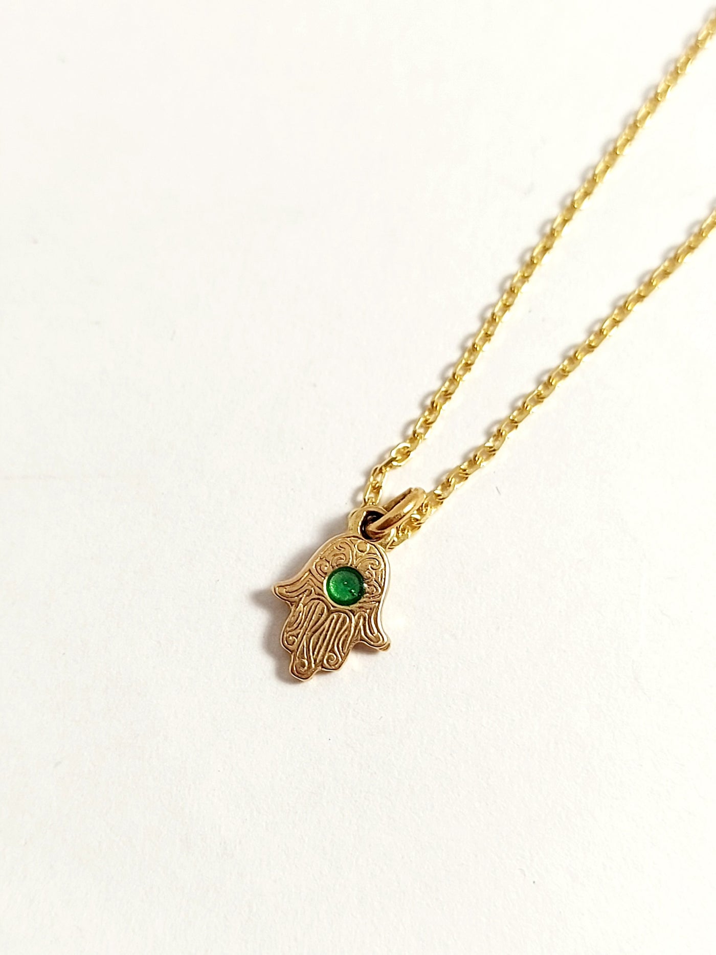 14k Solid Gold miniature Hamsa pendant with green Gemstone