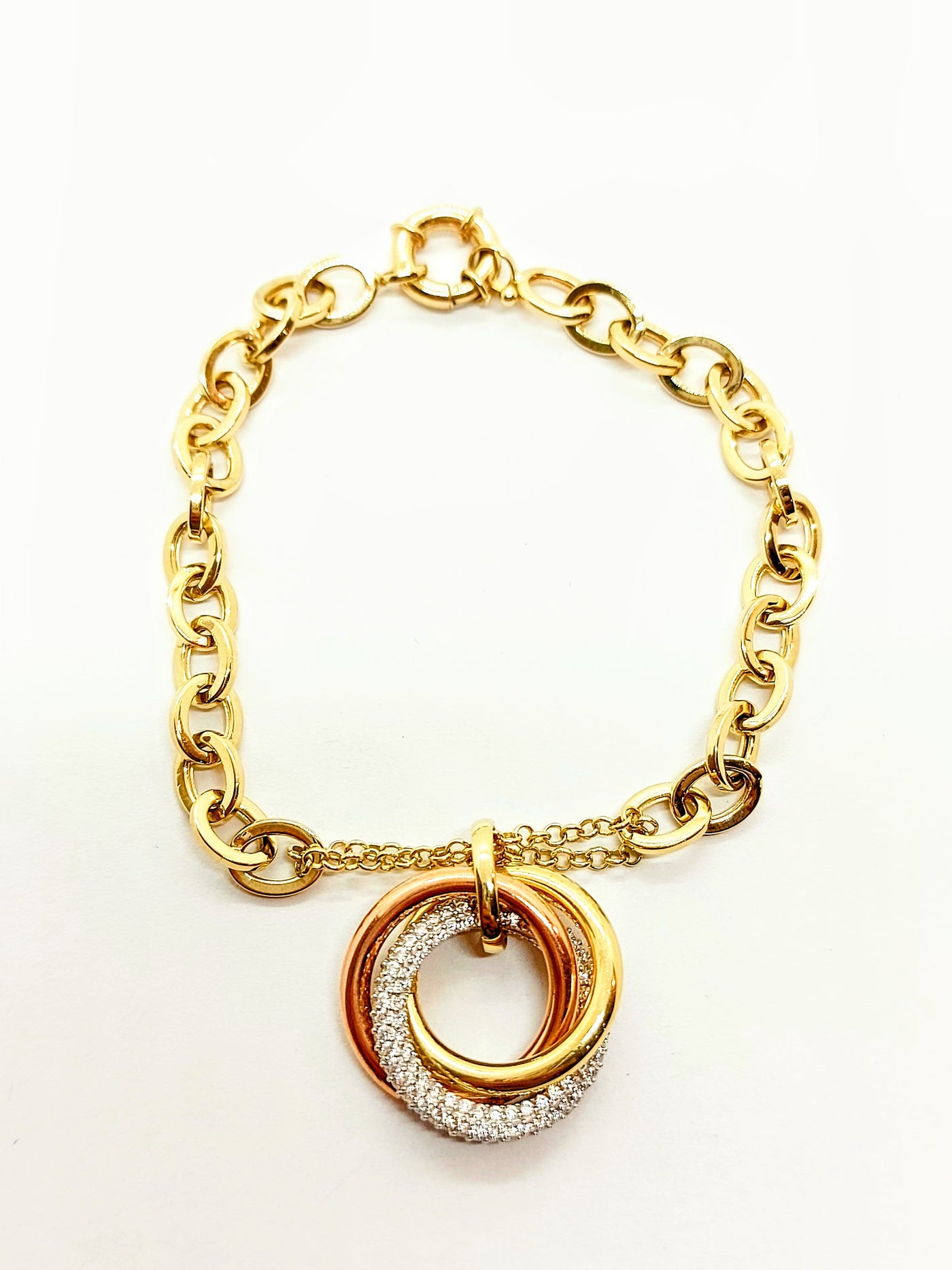 10k Gold Bracelet with 3 tone round pendants