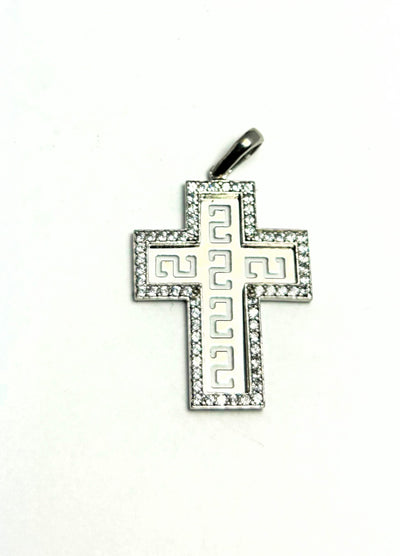 10k White gold cross with Greek meander design