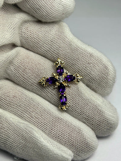 10k Gold Cross Pendant with Amethyst gemstones