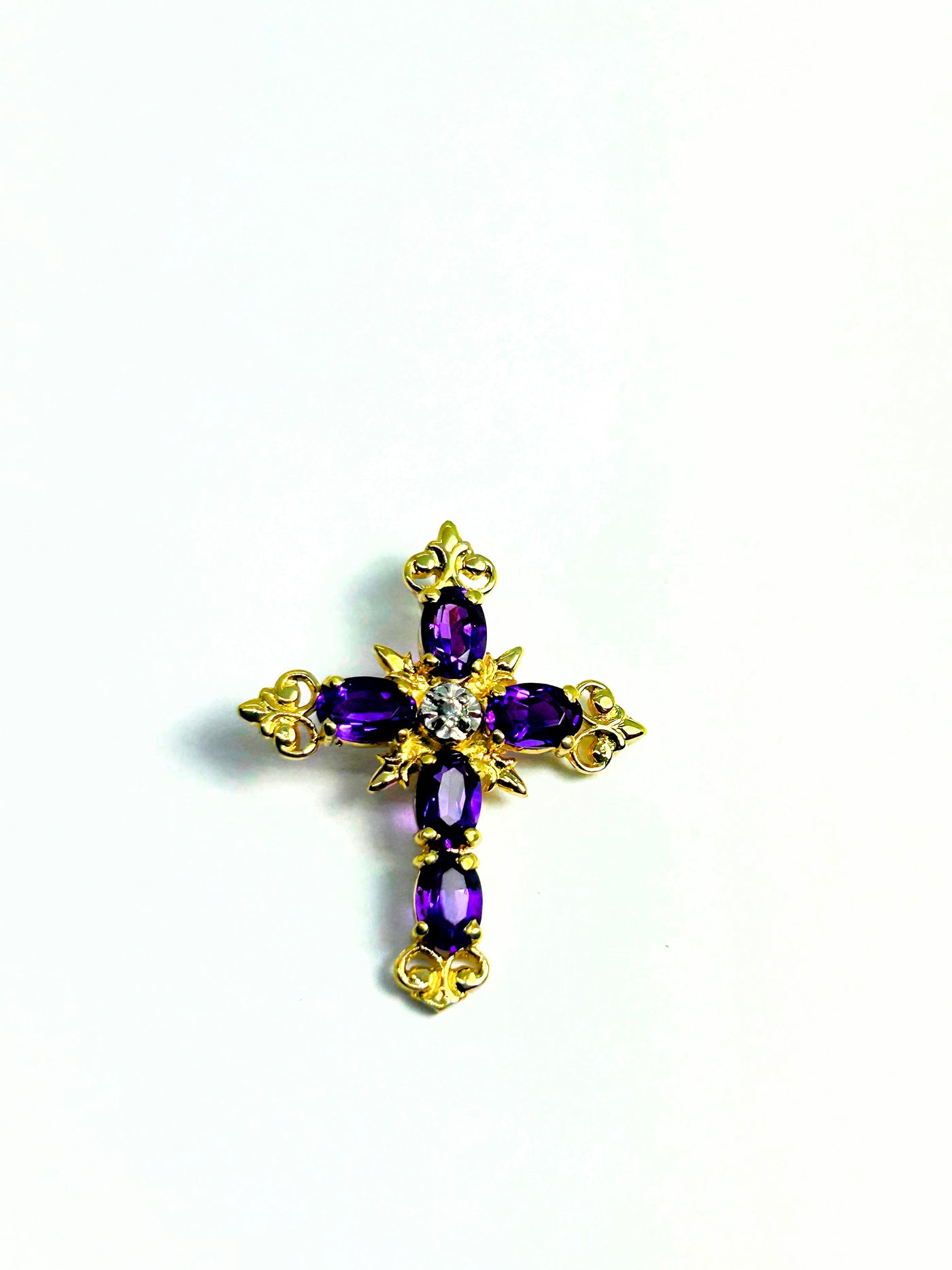 10k Gold Cross Pendant with Amethyst gemstones