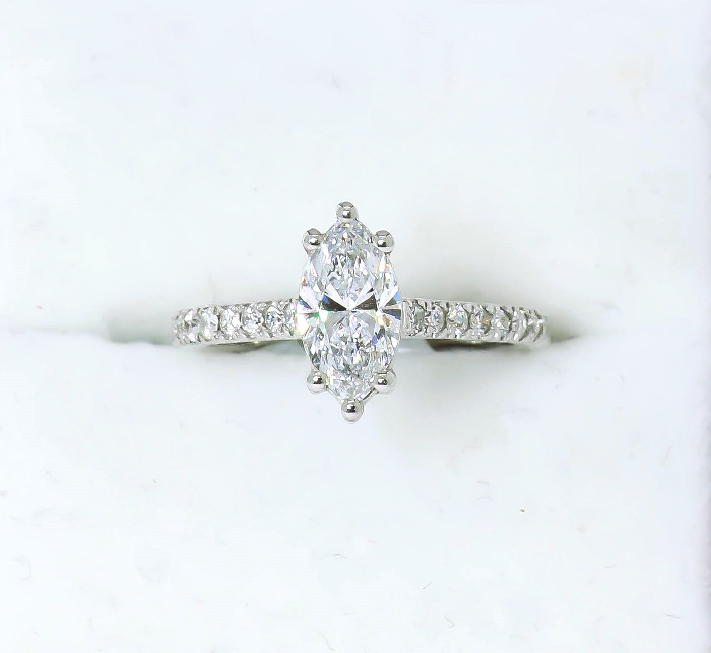 18k White Gold Solitaire Engagement ring with 1ct marquise lab diamond