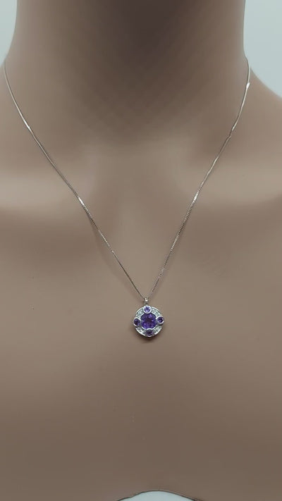 14k Real Solid White Gold Necklace, Round Necklace with Amethyst stones and natural diamonds